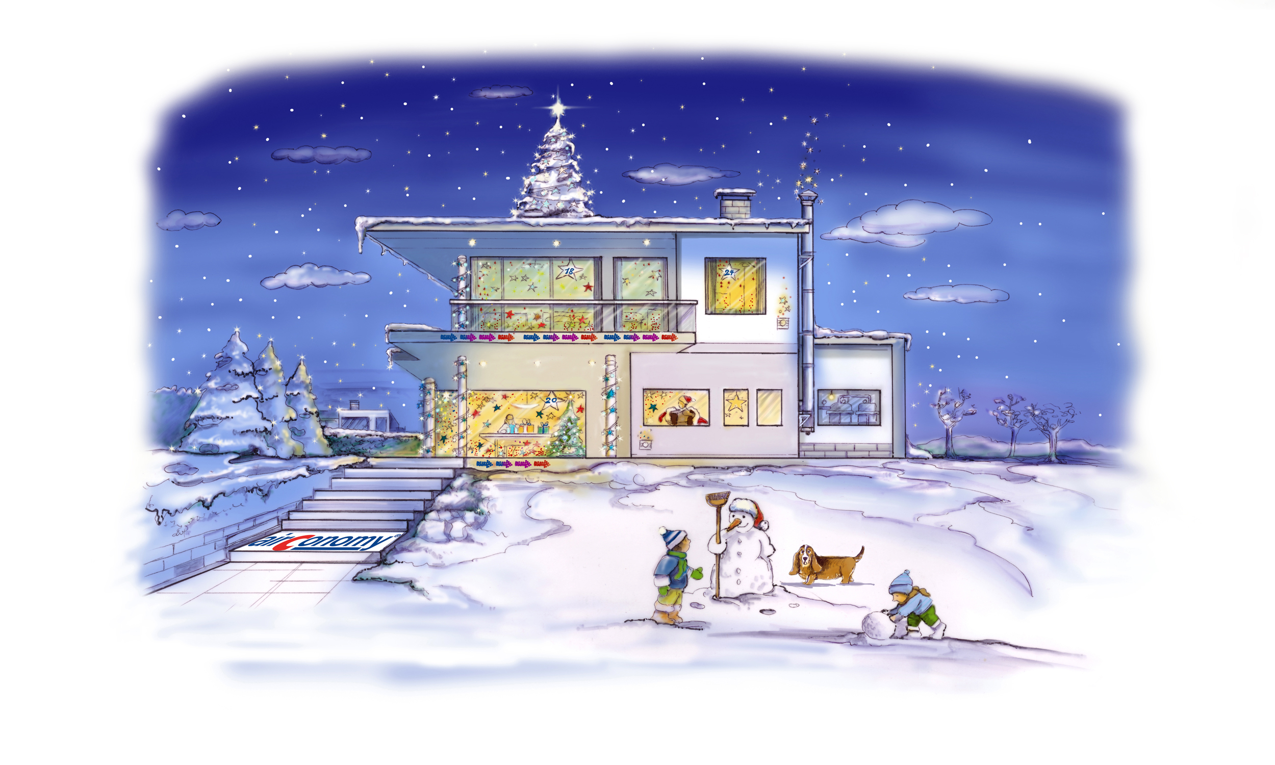 Weihnachtliches Haus mit Schneemann vor der Türe